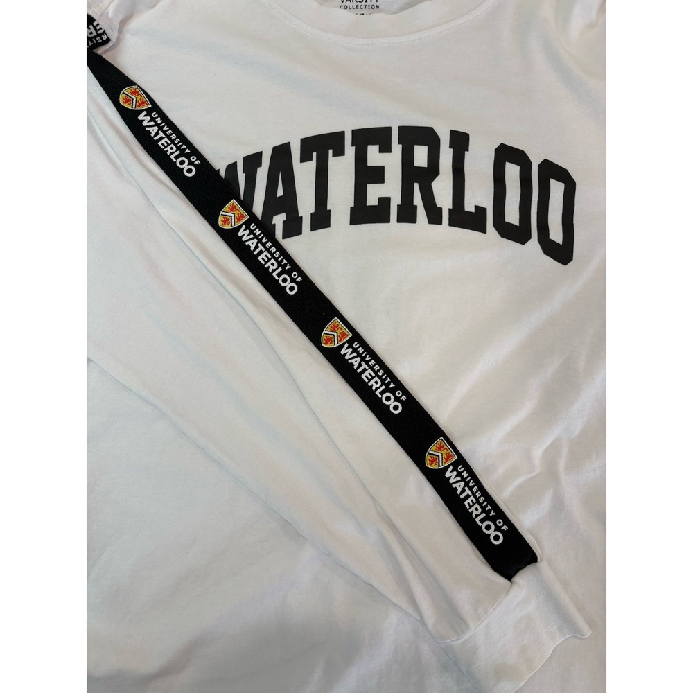 University of Waterloo Long Sleeve Shirt MED White Varsity Tape Sleeve Graphic - Picture 3 of 6